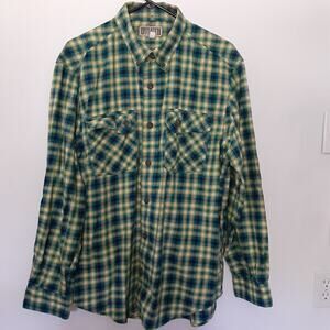Duluth Trading Co Mens L Blue Yellow Plaid Shirt Long Sleeve Button Down Pockets